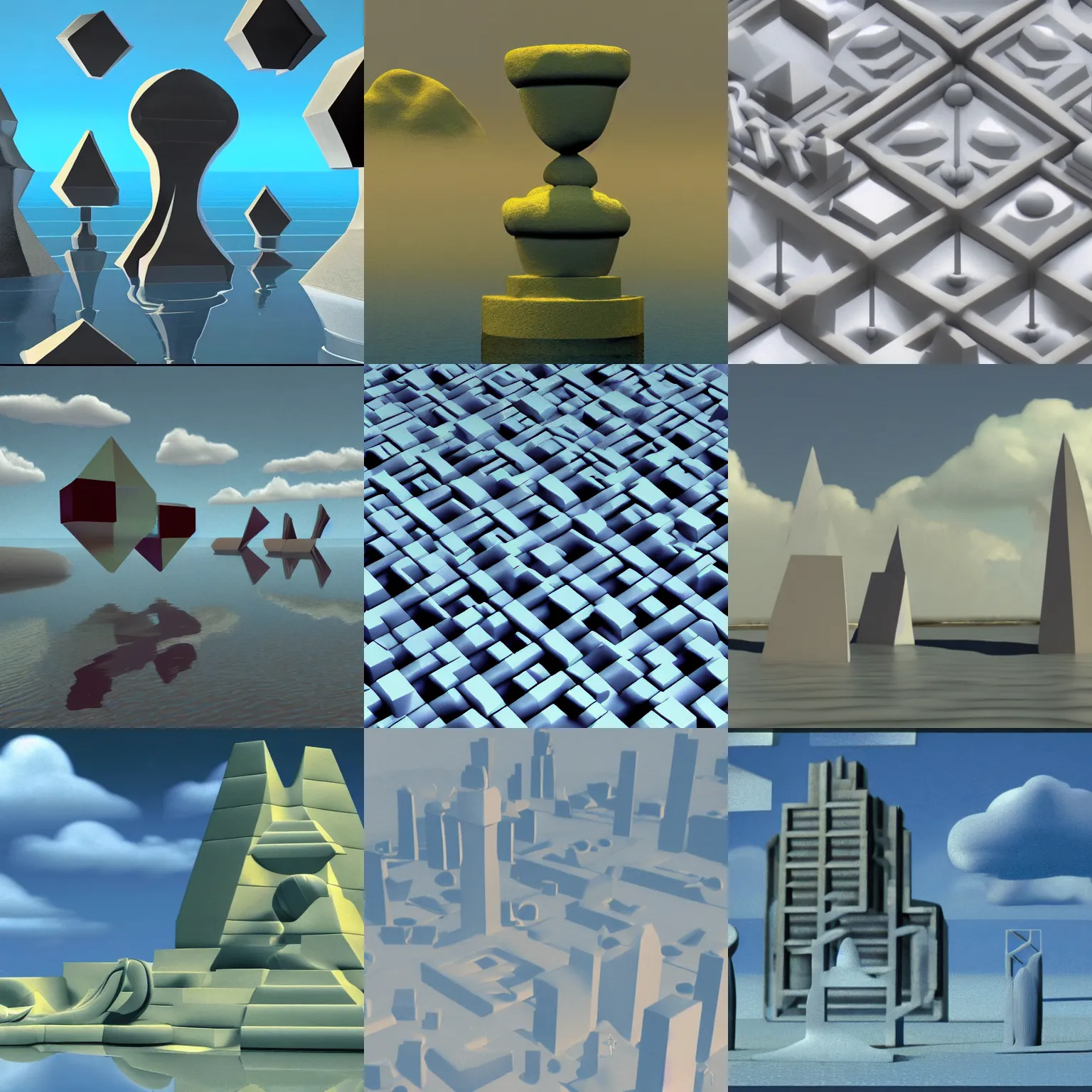 Prompt: still from a 1 9 8 5 3 d computer animation, geometric shapes, statues, water, clouds