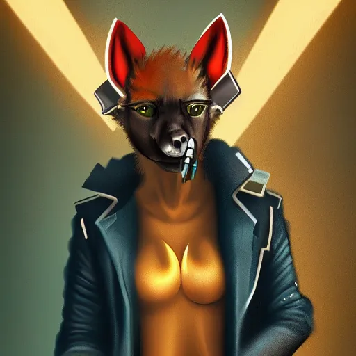 Image similar to digital painting of anthromorphic hyena female smoking cigarrete in cyberpunk style, fursona, furry fandom, neon rainy cyberpunk setting, anthro, wearing cyberpunk leather jacket, detailed face,