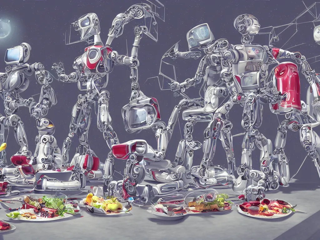 Prompt: a hyper realistic digital drawing of a few robots having a picnic in a futuristic world