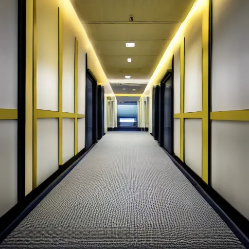 Image similar to endless maze of corridors, wet gray carpet, light yellow wallpaper, office ceiling