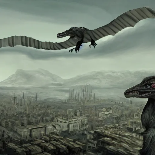 Image similar to a detailed matte painting of a cyborg nazi velociraptor in nazi occupied france, 8 k, artstation, art in a noir crime novel style