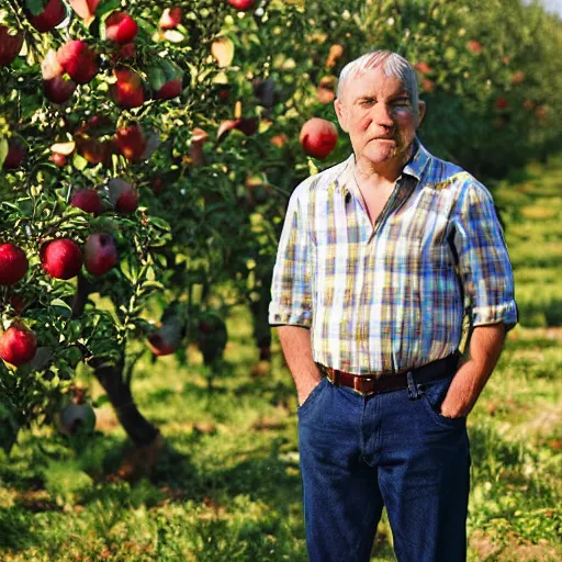 Image similar to portrait of a middle aged man, pointed ears, standing in an apple orchard, dressed well, very handsome