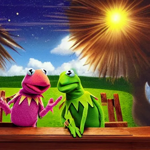 Prompt: the creation of adam but with kermit the frog and jim henson instead, muppets, in an absurdist style, heavenly, cosmic, god rays, intricate detail, 8 k,