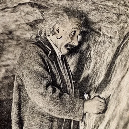 Image similar to Albert Einstein as a Neanderthal writing equations on a cave wall