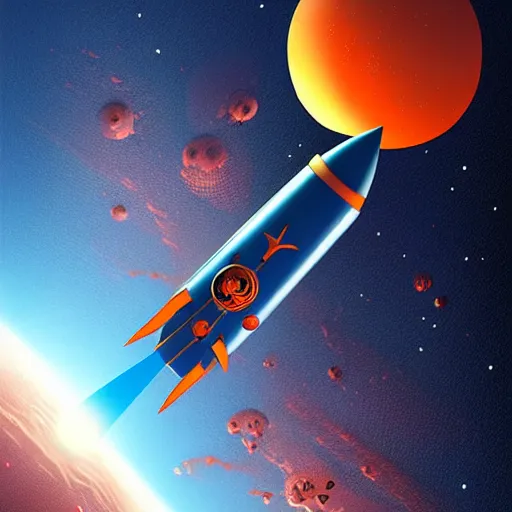 Prompt: Blue V2 rocket in space, tin tin, an orange as a planet, intricate, SCI-Fi, movie poster, high detail, digital art by raphael lacoste