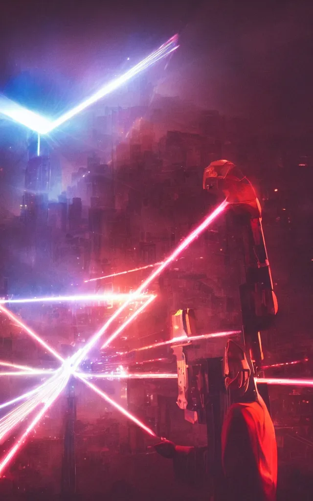 Image similar to Pope shooting bright cross shaped lasers, 80s,glow, science fiction, cyberpunk, neon, low angle shot, cross, pope, movie poster, futuristic, pontifex