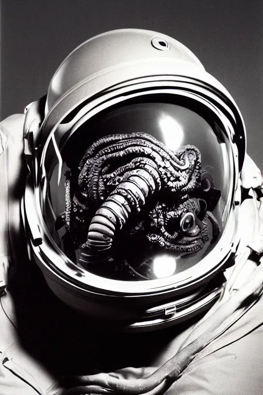Image similar to extremely detailed studio portrait of space astronaut, alien tentacle protruding from eyes and mouth, slimy tentacle breaking through helmet visor, shattered visor, full body, soft light, plain studio background, disturbing, shocking realization, award winning photo by philippe halsman