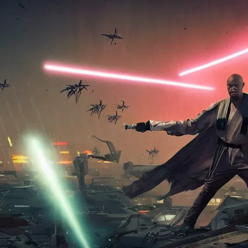 Image similar to mace windu fighting a group of pterodactyls flying over him in a destroyed cyberpunk city shooting lasers by greg rutkowski