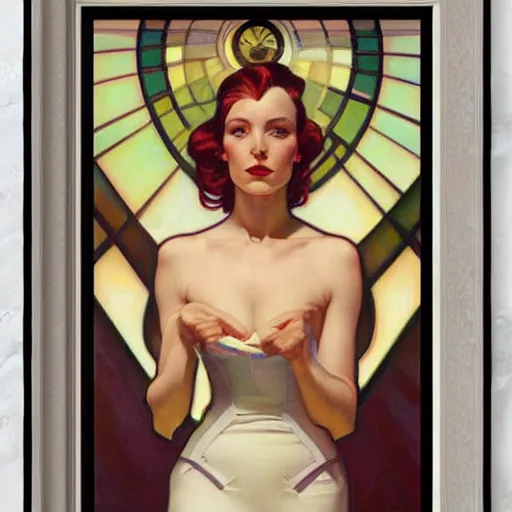 Prompt: a streamline moderne painting in the style of donato giancola, and in the style of charlie bowater, and in the style of alphonse mucha. symmetry, smooth, sharp focus, semi - realism, intricate detail.