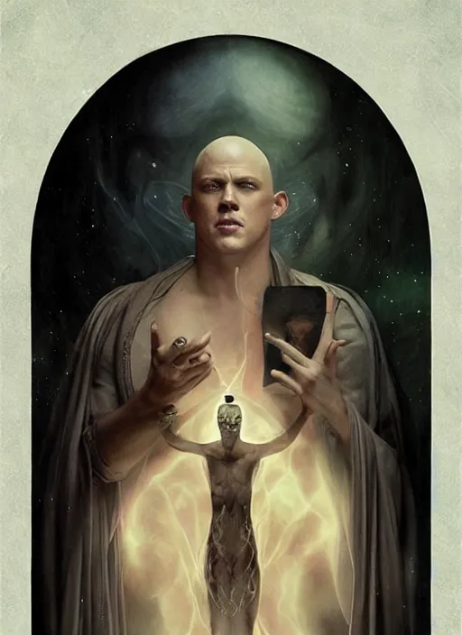 Image similar to channing tatum as aleister crowley the grand mage of thelema. art by tom bagshaw and nils hamm