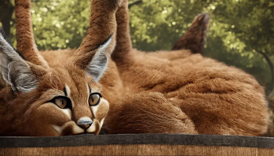 Image similar to longshot photo of cute fluffy caracal lying in wooden barrel lying on one side, ancient greek city, sunny day, by ilya kuvshinov, rtx rendering, octane render 1 2 8 k, maya, extreme high intricate details by tom bagshaw, medium shot, close up shot, composition by sana takeda, lighting by greg rutkowski