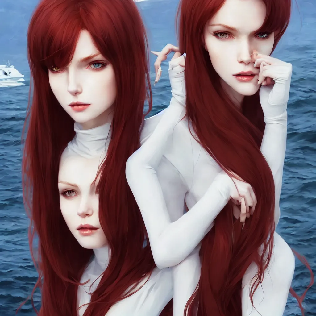 Image similar to beautiful pale vampire with auburn hair in a white turtleneck dress, on a super yacht, by guweiz and wlop and ilya kuvshinov and and moebius, artgerm, symmetrical eyes, aesthetic, gorgeous, stunning, alluring, attractive, half body portrait, artstation, deviantart, pinterest, digital art