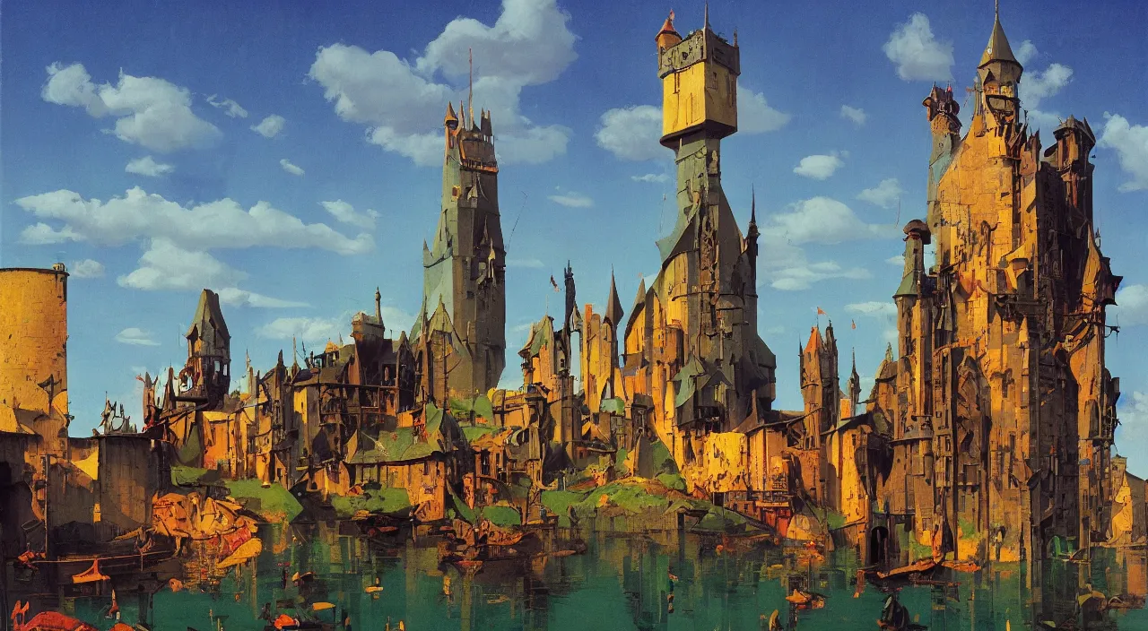 Prompt: flooded medieval colorful surreal tower, very coherent high contrast!! painting by stalenhag spitzweg magritte syd mead norman rockwell edward hopper james gilleard, dark shadows, sunny day, triadic color scheme, hard lighting, masterpiece