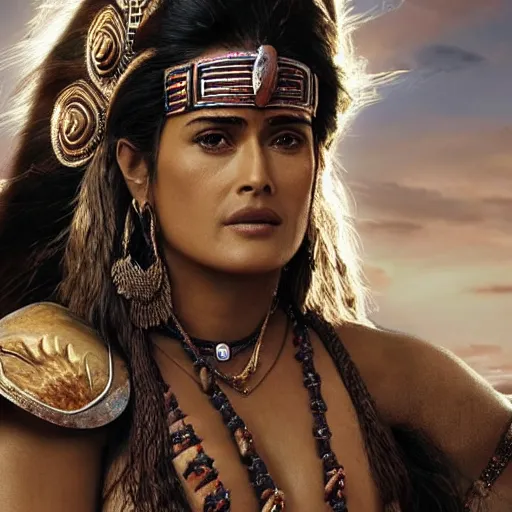 Image similar to Salma Hayek as aztec princess warrior hyper realistic 4K quality