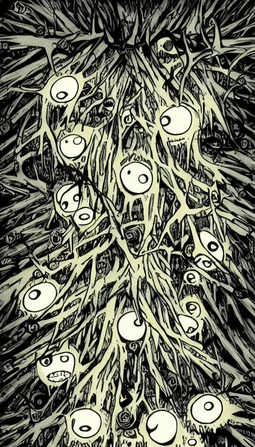 Image similar to a storm vortex made of many demonic eyes and teeth over a forest, by hajime isayama