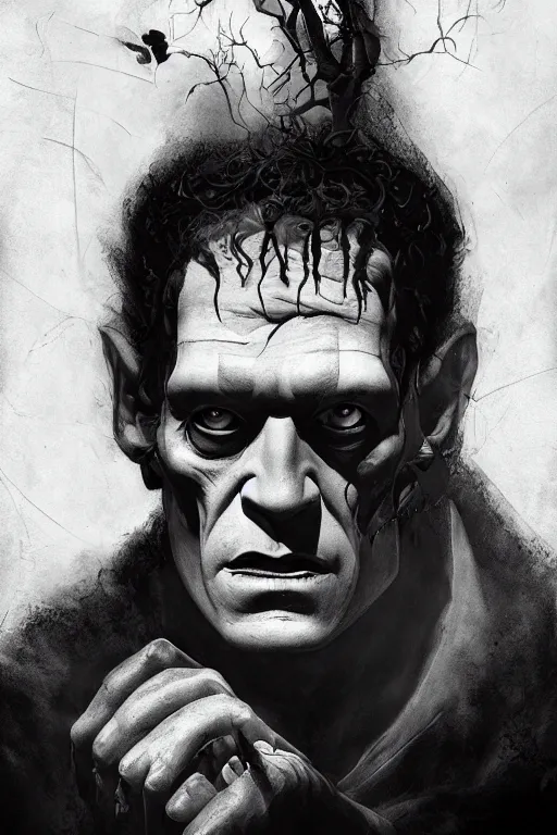 Prompt: highly detailed portrait of frankenstein by mike mignola, tom bagshaw artgerm and ross tran, beautiful dramatic dark moody lighting, volumetric, cinematic atmosphere, photorealism, glossy magazine painting, global illumination, deep color, 8 k resolution, high details, flickr, dslr, z brushcentral, cgsociety, artstation