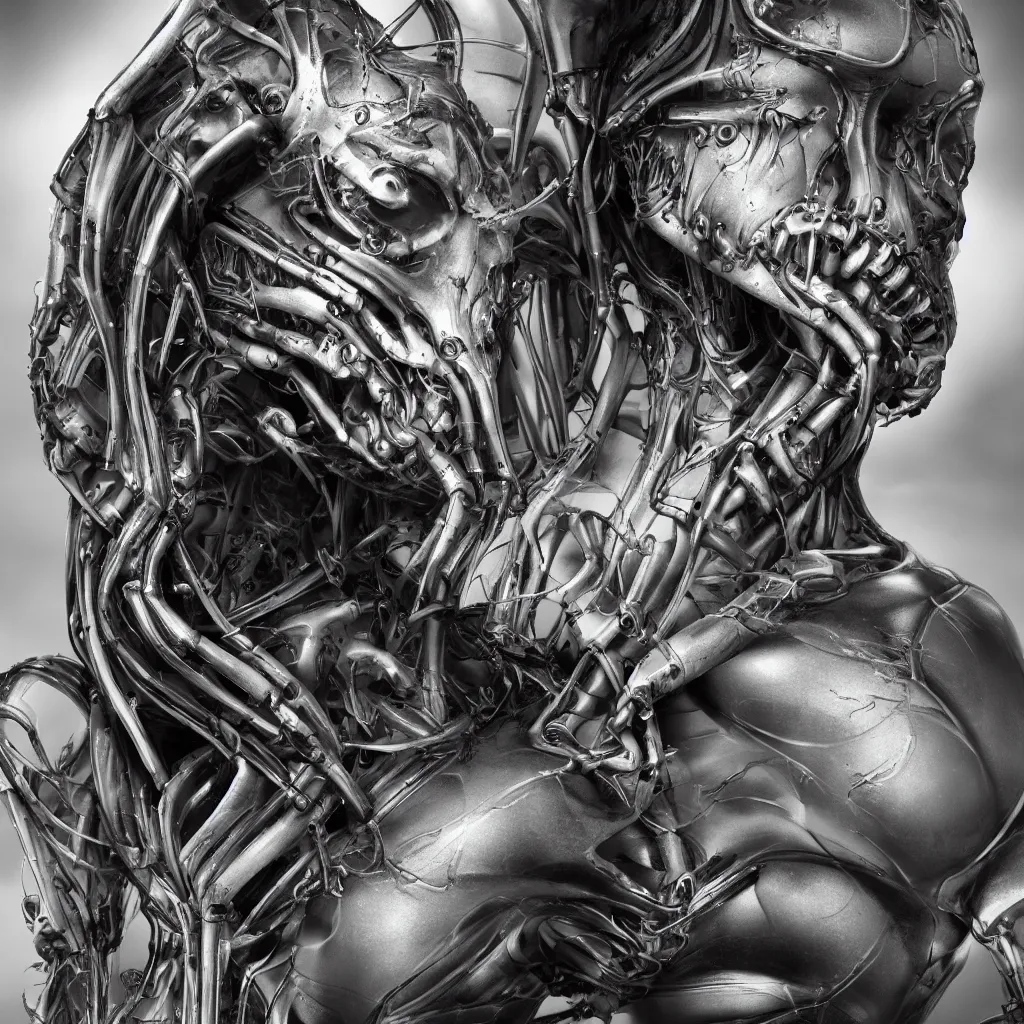 Image similar to a beautiful female is infected with a biomechanical suit, octane render, hyper realistic, art by hr giger, full profile, epic angle