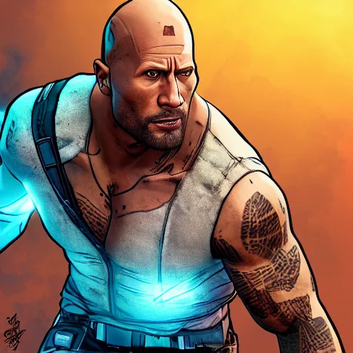 Image similar to dwayne douglas johnson portrait, borderlands, tales from the borderlands, the wolf among us, comic, cinematic lighting, studio quality, 8 k