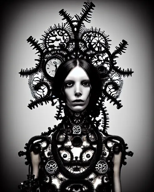 Image similar to surreal dark poetic black and white photo portrait of complex bio-mechanical beautiful young silver female vegetal-cyborg with a Mandelbrot fractal steampunk metal fine lace face, a very long neck and a fine metal floral foliage super big lace collar by Alexander McQueen:: smoke, high fashion, haute couture, rococo, steampunk, silver filigree details, anatomical, facial muscles, cable wires, microchip, elegant, dreamy, foggy atmosphere, hyper realistic, 150 mm lens, soft rim light, octane render, unreal engine, picture was taken in 1910 by Man Ray, volumetric lighting, dramatic light,8k,