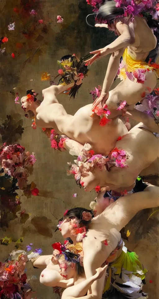 Prompt: top angle view, wide lens of multiple interracial females draped in rotten colorful flowery dress, dancing with each other, beautiful concept painting by caravaggio, ruan jia, jakub rebelka, artgerm, greg rutkowski, edgar maxence