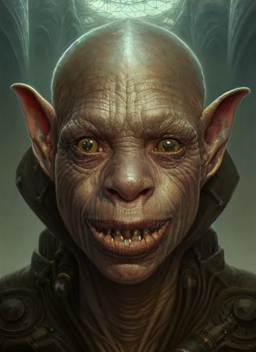 Image similar to closeup portrait shot of a goblin in a scenic dystopian environment, intricate, elegant, highly detailed, centered, digital painting, artstation, concept art, smooth, sharp focus, illustration, artgerm, tomasz alen kopera, peter mohrbacher, donato giancola, joseph christian leyendecker, wlop, boris vallejo