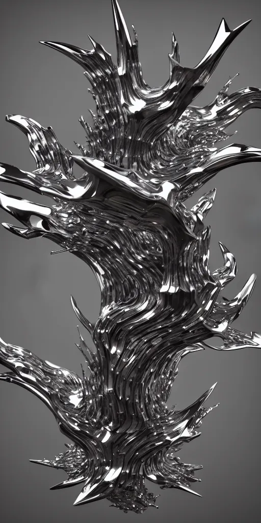 Image similar to 3 d photographic render of a chrome neotribal thorns and thunders sculpture, raytracing, hyper realistic, volumetric lightning, 8 k, by zhelong xu and ouchh studio