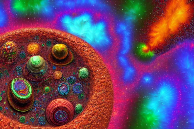 Prompt: ultra detailed digital art of a close up of a colorful object in a bowl, a microscopic photo by benoit b. mandelbrot, nevin cokay, zbrush central contest winner, space art, apocalypse art, fractalism, cosmic horror