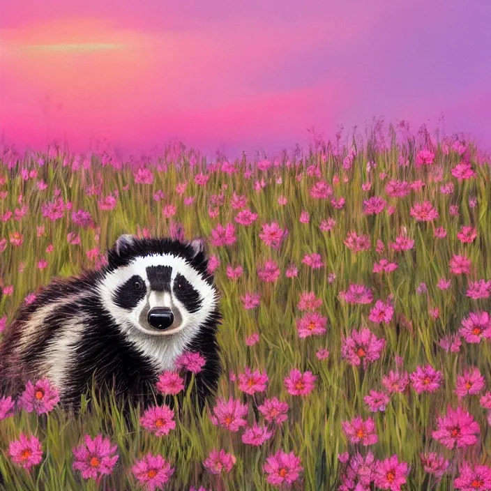 Prompt: album art of a badger sitting in a flower meadow at pink sunset, sakura trees, artstation trending