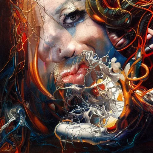 Prompt: painting of a man, curious bright looking, combination in the style Ayami Kojima, Amano, Karol Bak, Greg Hildebrandt, and Mark Brooks, detailed, trending on Artstatio atmospheric, high energy, electric, bristling, highly detailed, 8K, 4K, UE5