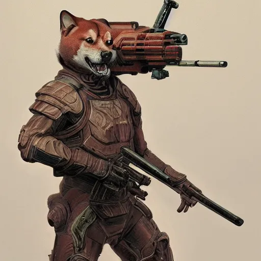 Prompt: anthropomorphic shiba inu, holding sniper riffle skullknight, standing, cementary, scifi, 3 d render, masterpiece, red aura, by donato giancola and greg rutkowski and wayne barlow and zdzisław beksinski, realistic face