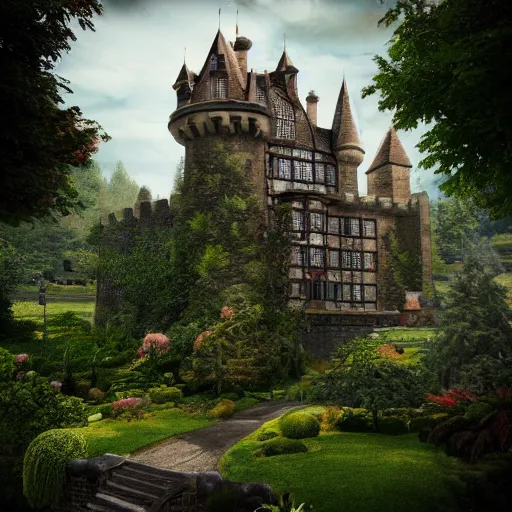 Image similar to a castle within a garden, realistic, photo studio, HDR, 8k, trending on artstation