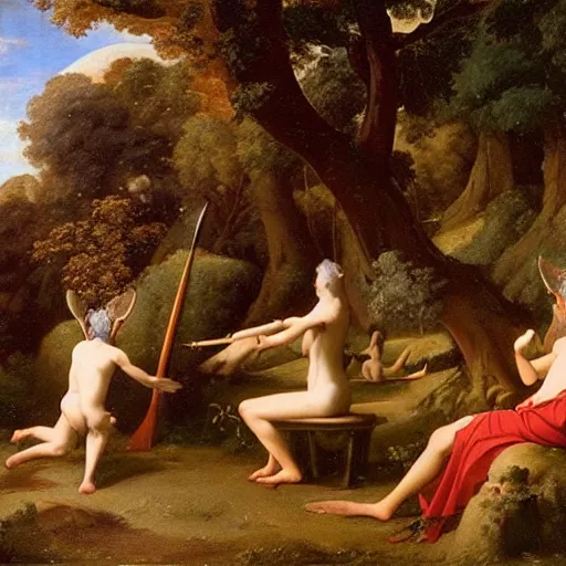 Image similar to ethereal landscape, elves, fauns, musicians, claude poussin