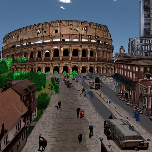 Image similar to busy d & d city with distant colosseum, horses and carriages in first person street view, artstation