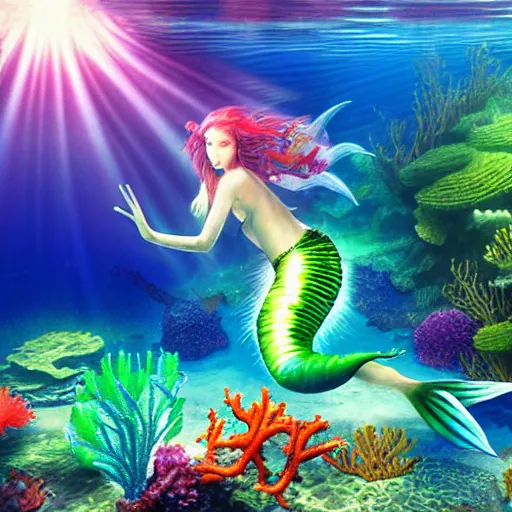 Image similar to a colorful cyborg mermaid, underwater, lush vegetation and coral, fish swimming around, god rays, dreamy, atmospheric, by Yoshitaka Amano