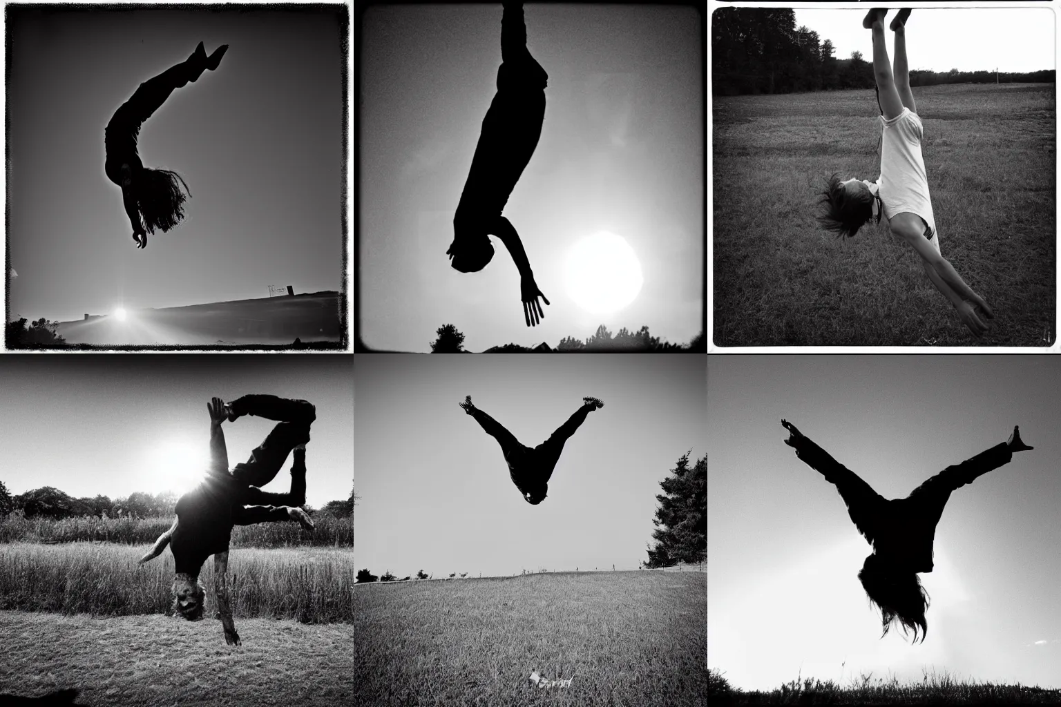 Prompt: zombie triple backflipping into the sun, grainy black and white footage