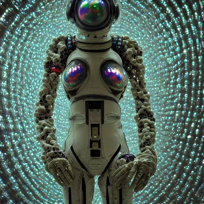 Image similar to a cybernetic symbiosis of a single astronaut mech-organic eva suit made of pearlescent wearing knitted shiny ceramic multi colored yarn thread infected with diamond 3d fractal lace iridescent bubble 3d skin dotted covered with orb stalks of insectoid compound eye camera lenses floats through the living room, film still from the movie directed by Denis Villeneuve with art direction by Salvador Dalí, wide lens,kevlar,carbon fiber,ceramics,gaseous materials,