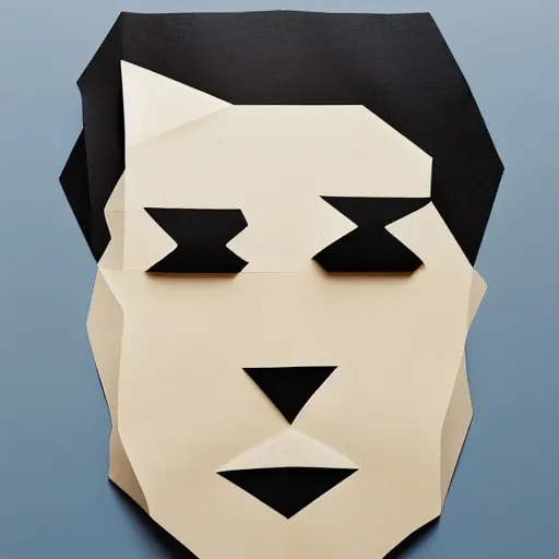 Image similar to a face of a man with wavey medium short hair made from layered paper, 2D, flat minimalistic, ambient light