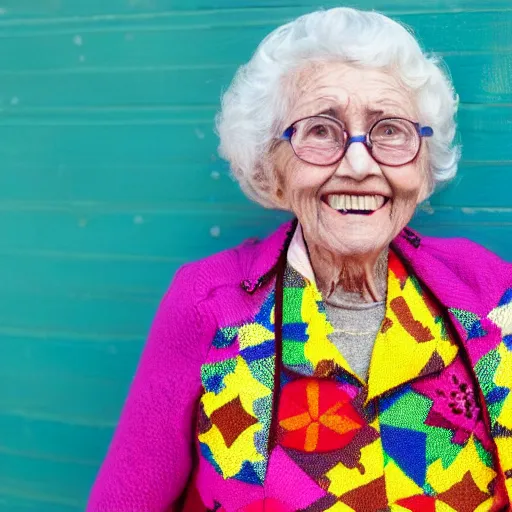 Prompt: an elderly woman dressed in extremely colorful clothes with many strange patterns