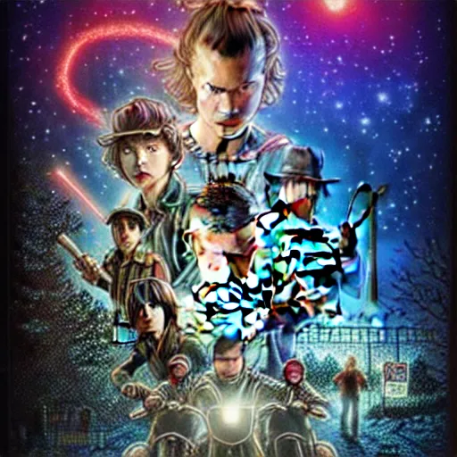 Prompt: Stranger Things poster in the style of Starry Night