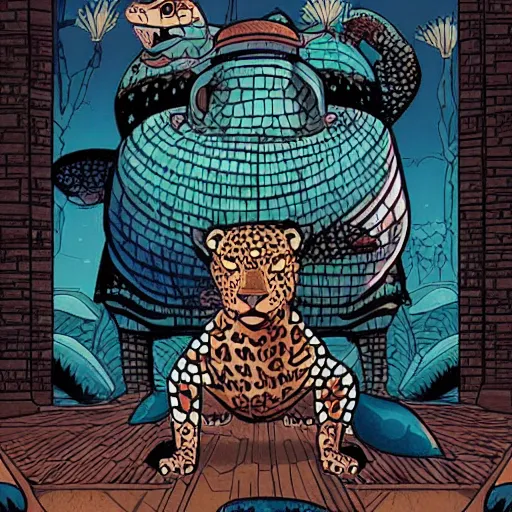 Prompt: the story of the leopard and the tortoise in the style of josan gonzalez