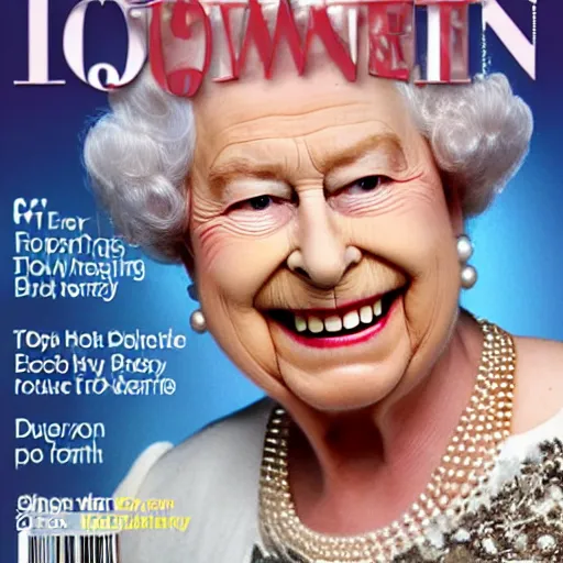 Prompt: the queen of england with toothbrush mustache in a magazine cover photo. highly detailed hair