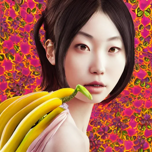 Prompt: the portrait of an absurdly beautiful, graceful, elegant young japanese woman made of bananas and petals looking up, an ultrafine detailed illustration by kim jung gi, irakli nadar, intricate linework, bright colors, octopath traveler, final fantasy, angular, unreal engine 5 highly rendered, global illumination, radiant light, detailed and intricate environment