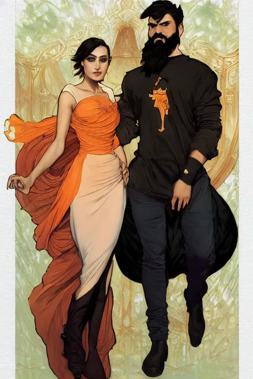 Image similar to bearded young man in orange t - shirt fastens beautiful black dress of his spouse before going to exquisite gala art by artgerm and greg rutkowski and charlie bowater and magali villeneuve and alphonse mucha