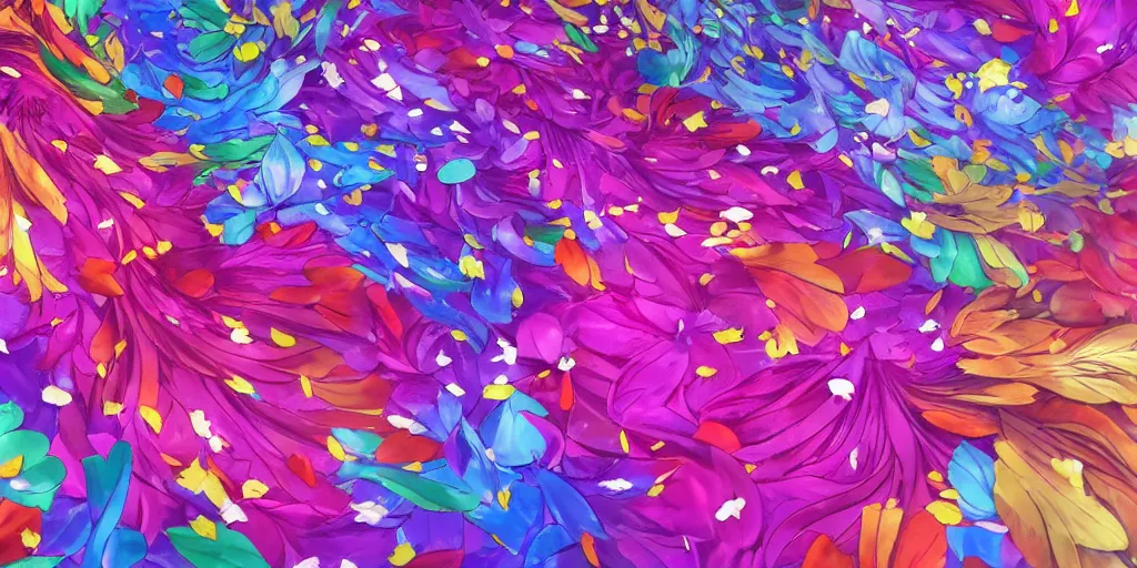 Image similar to background art of spaciously scattered multi colored flower petals flowing through the air from left to right on a clean background, acanthus scroll, petals, anime, artgerm, manga, trending on artstation, art nouveau