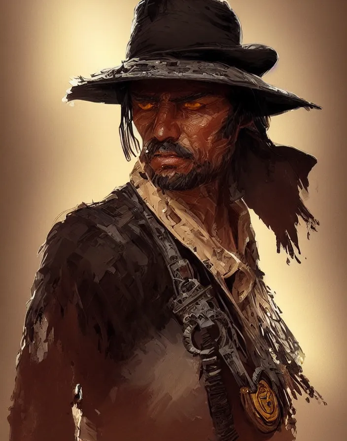 Image similar to misterious gaucho bandido commander, shady look, a raggy long poncho, magic the gathering, ready to shoot, intricate, highly detailed, digital painting, artstation, concept art, sharp focus, illustration, geometric dripped ink background, art by Artgerm, Grafit Studio, and Greg Rutkowski and Craig Mullins