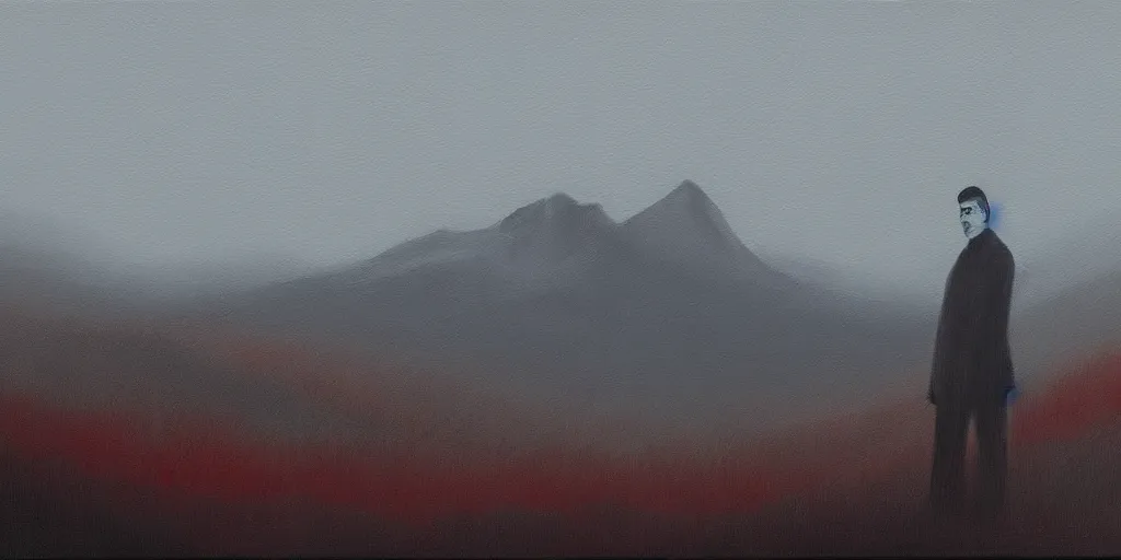 Image similar to jon hale painting of twin peaks, ominous, foggy, lone figure of dale cooper in distance, lonely, visible brush strokes, blurry, hd image