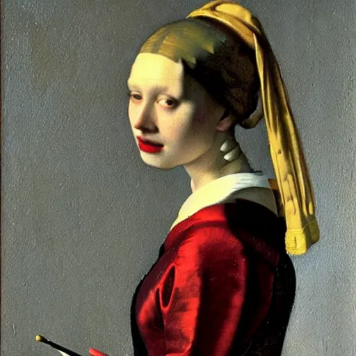 Prompt: sublime portrait of a woman in a red satin dress, very pale, graceful yet imposing, by Vermeer, strong dramatic cinematic lighting, 17th-century, smooth, sharp focus, extremely detailed