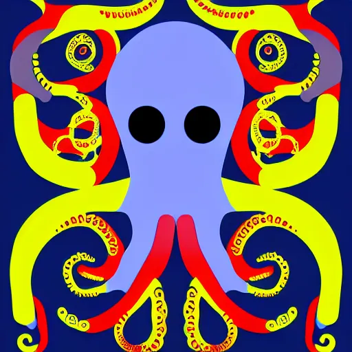 Prompt: cyborg octopus symmetrical colour acrylic painting, coloured, digital art, minimal geometric, vector art