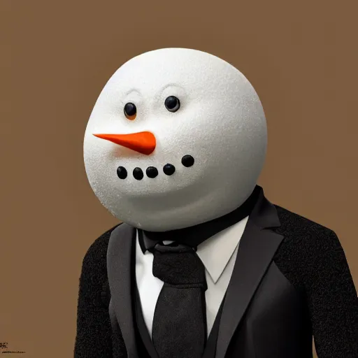 Prompt: a highly detailed humanoid snowman in business black suit with black eyes and mouth, no nose, hyperrealism, professional, octane render, full length, digital art