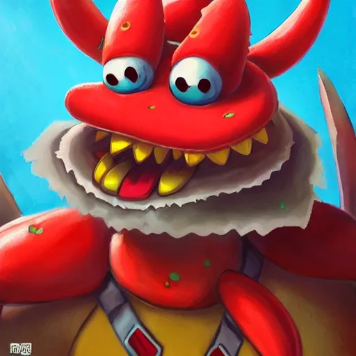 Image similar to portrait of mr krabs at the krusty krab, anthropomorphic crab, fantasy, art by chengwei pan, art by viktoria gavrilenko, detailed, intricate, trending on artstation